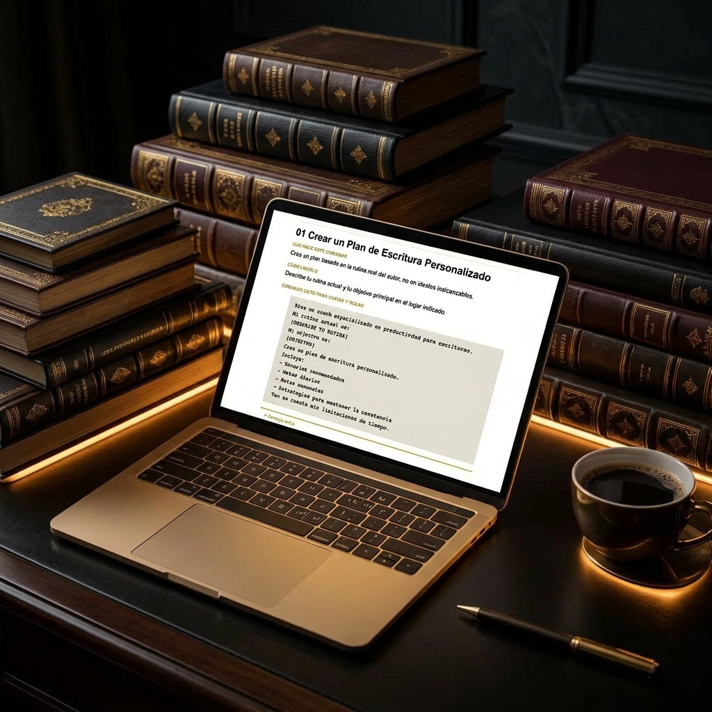 Notebook mostrando una página de la biblioteca de prompts, rodeado de libros violetas