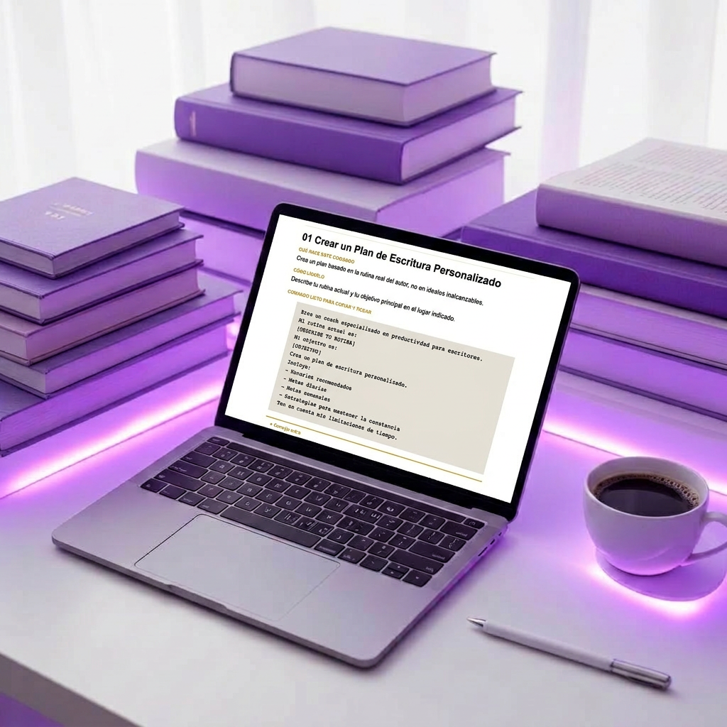 Notebook mostrando una página de la biblioteca de prompts, rodeado de libros violetas