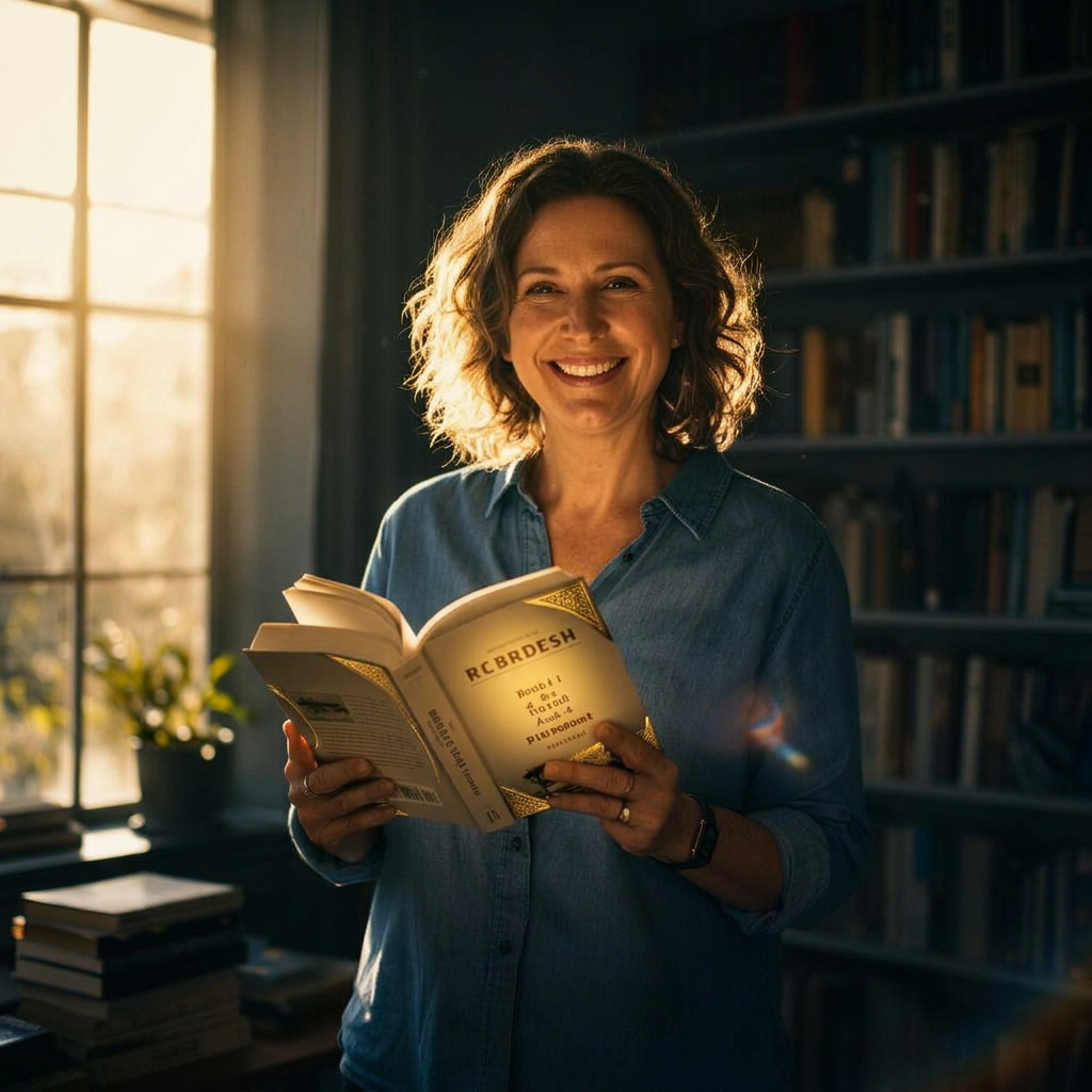Autora sonriente sosteniendo su libro publicado en una sala iluminada con luz violeta