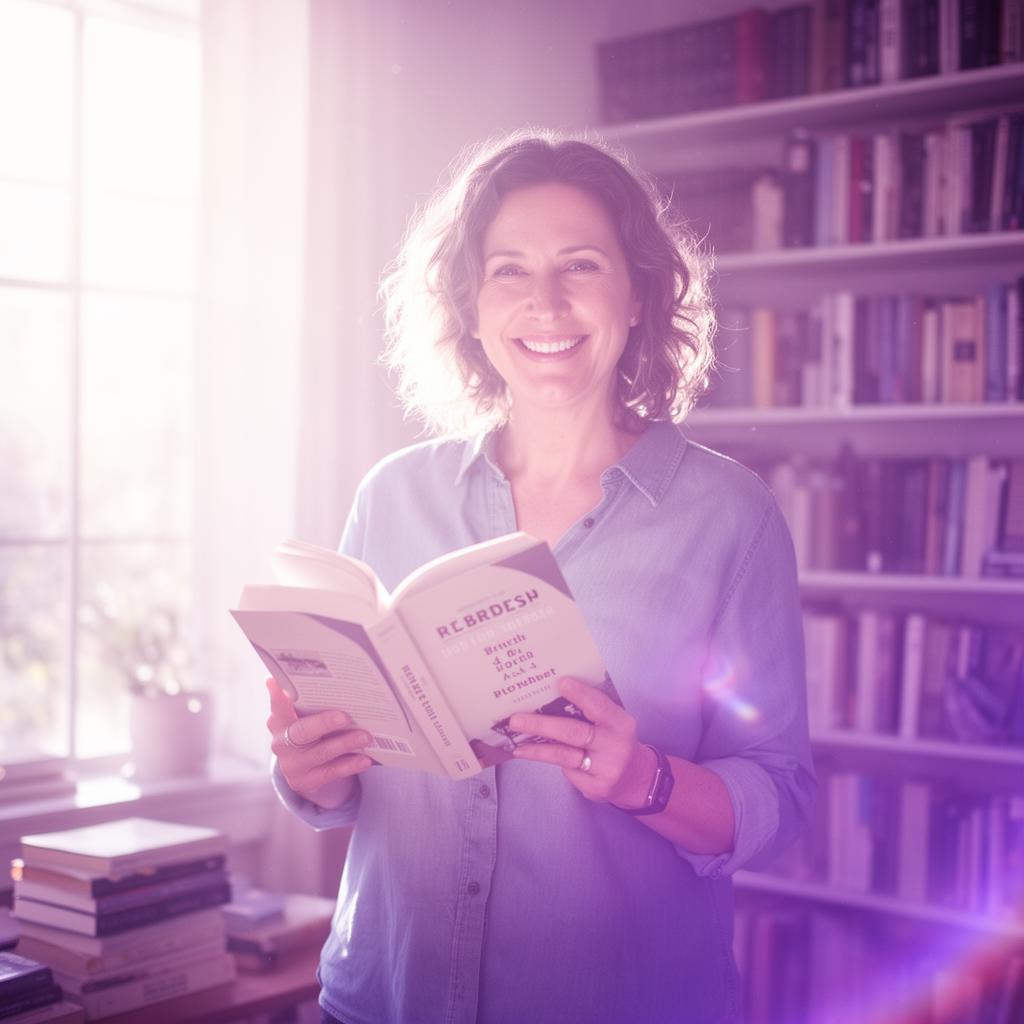 Autora sonriente sosteniendo su libro publicado en una sala iluminada con luz violeta